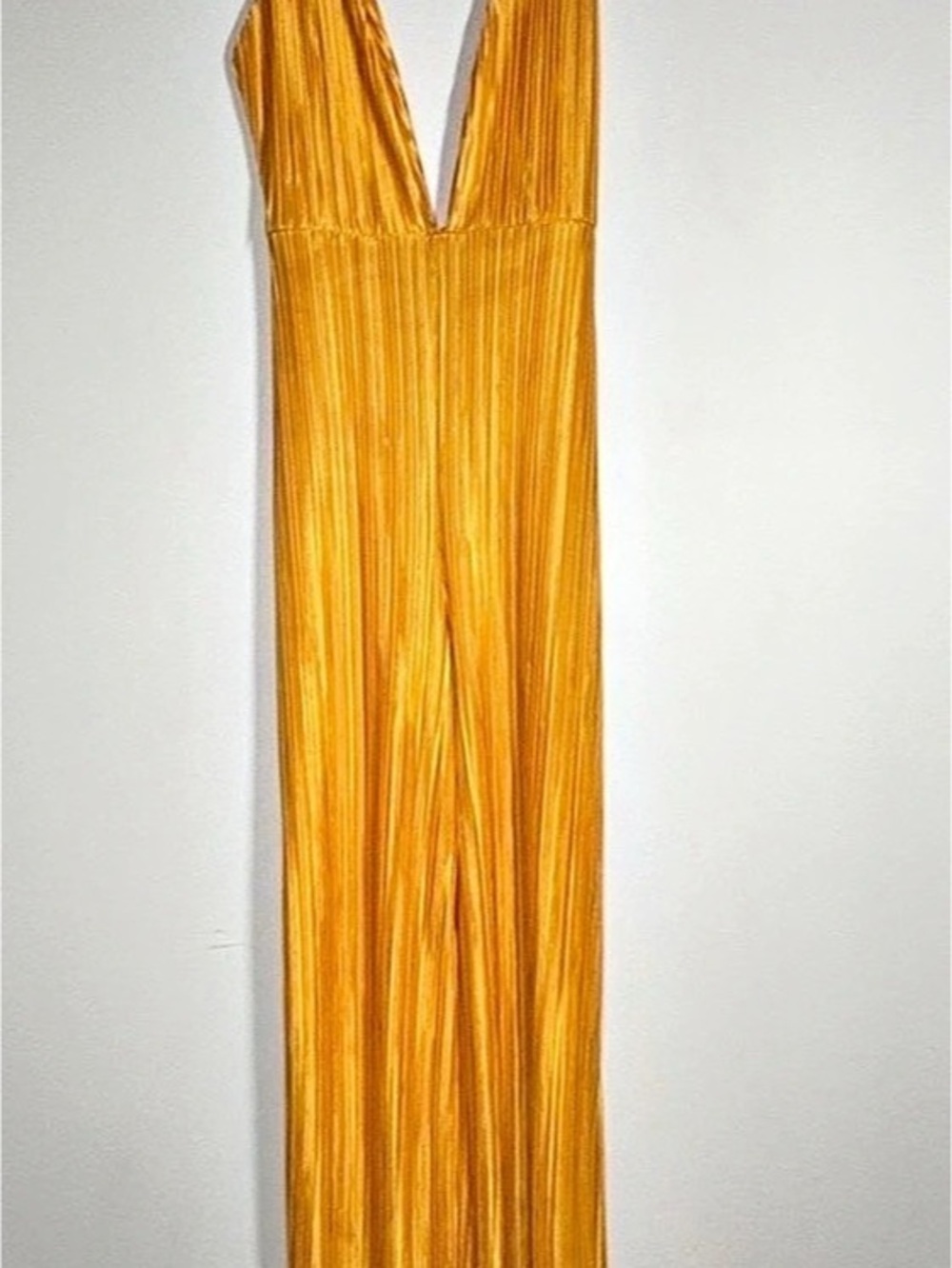 Pretty little thing mustard, yellow plisse pleated wide leg jumpsuit
